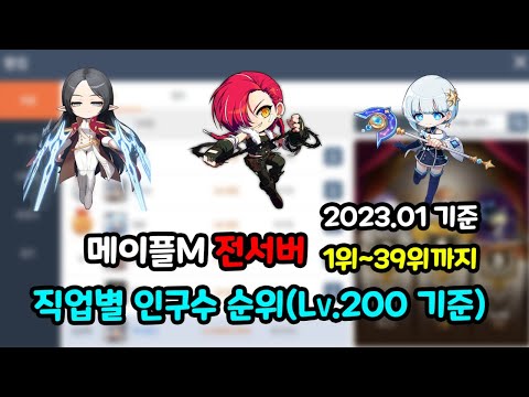 [콩튜브 단독] 메이플M 전서버 직업별 인구수 순위(Lv.200 이상) (1위~39위) (2023년 1월 기준) | 인구수 순위 업데이트 | 최초 테라버닝 직업추천 | 메이플M