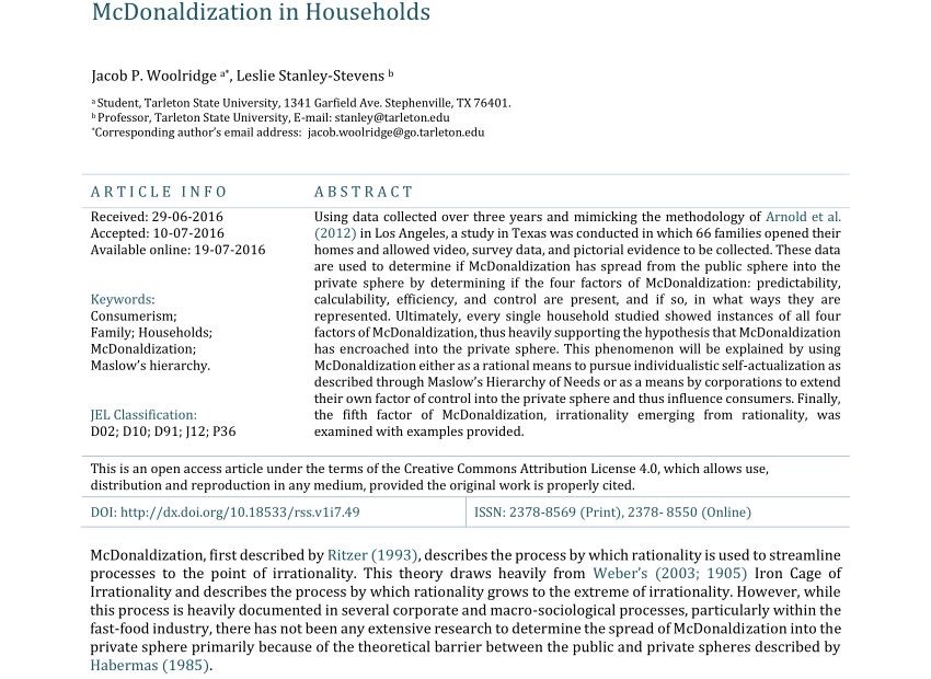 Pdf) Mcdonaldization In Households